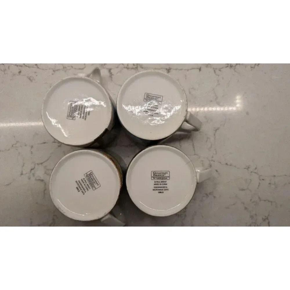 Four Mikasa Gourmet Basics OWLS coffee mugs Paul Brent design